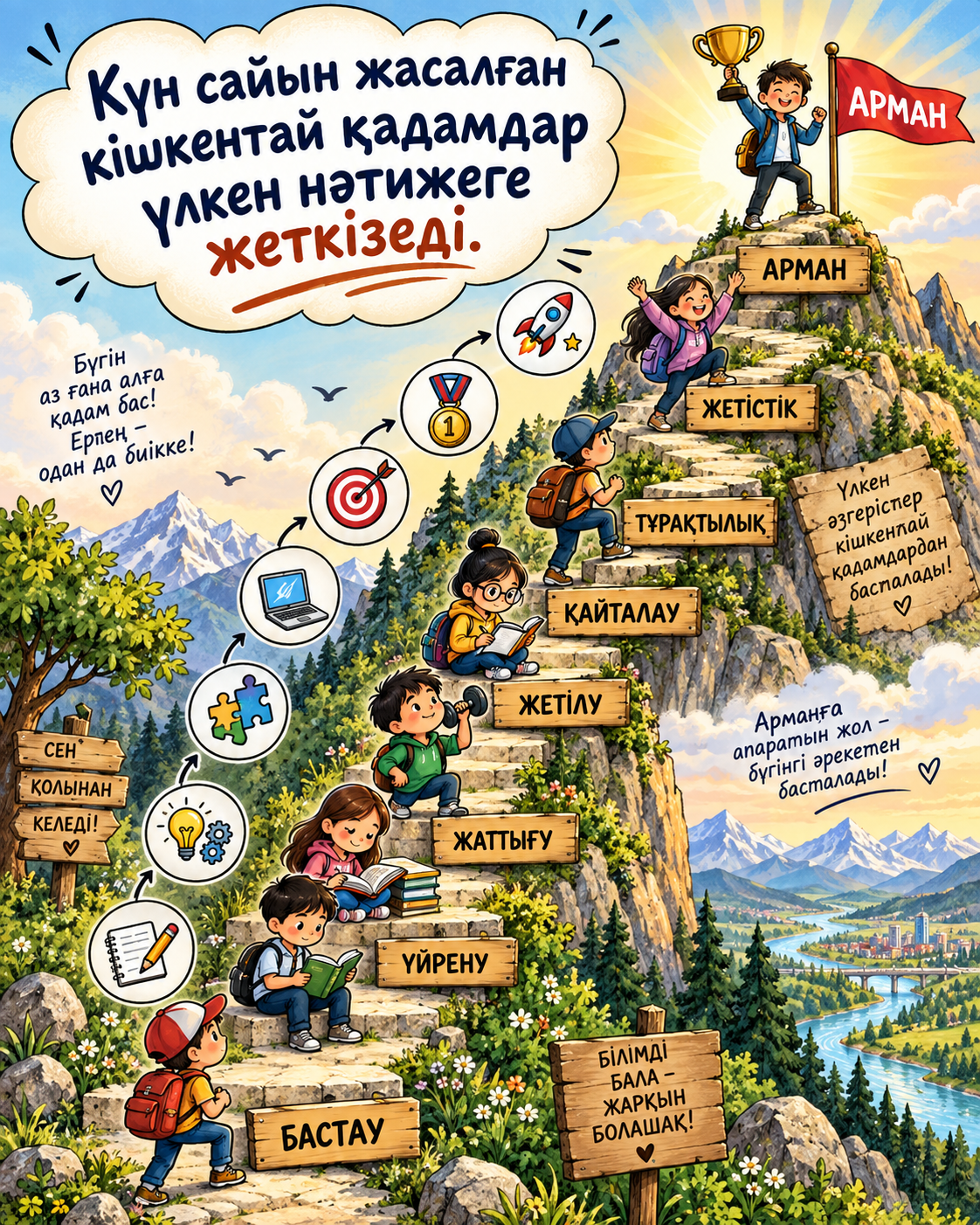 Күн сайынғы кішкентай қадамдар арқылы үлкен нәтижеге жетуді бейнелейтін балаларға арналған мотивациялық иллюстрация